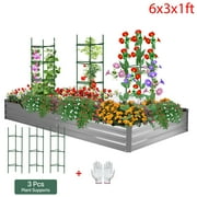 AMOBRO 6x3x1ft Outdoor Metal Raised Garden Bed Planter Box for Vegetables, Flowers, Herbs w/ 3 Tomato Cages Silver